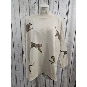 HOMEBODY Boutique Women L Beige Cheetah Print Mock Neck Long Sleeve‎ Sweater Top